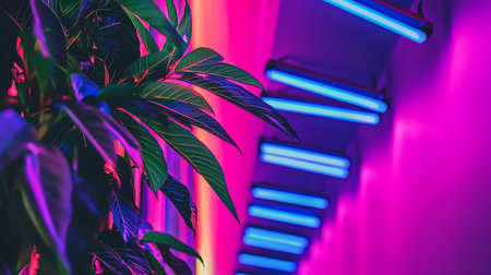 A close-up of a lush, dark green houseplant with large, pointed leaves, dramatically illuminated by the vibrant glow of blue and magenta fluorescent tube lights.の素材