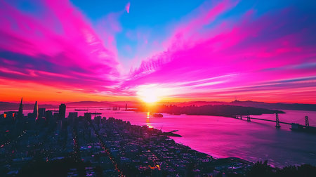 A sprawling coastal cityscape silhouetted against a dramatic, intensely saturated pink, orange, and blue sunset, with light reflecting on the water.の素材