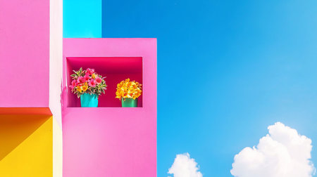 Two potted flowers, one with pink and yellow blooms, the other with yellow flowers, sit in a pink alcove.の素材