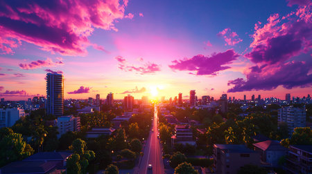 A cityscape bathed in the warm glow of sunset. Buildings of various heights line a road, with a vibrant sky filled with pink and purple clouds.の素材