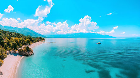 Panoramic view of a turquoise water beach, with a sandy shore, lush green trees, and distant mountains under a bright blue sky.の素材