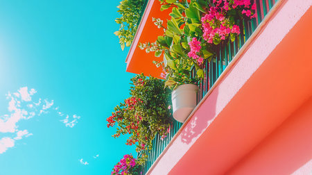A pink balcony features vibrant bougainvillea flowers, lush green plants, and a white pot. The balcony has a coral-colored wall.の素材