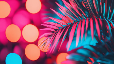 Vibrant palm leaf with slender, ribbed leaflets, intensely illuminated by neon pink and teal light, creating a striking dual-tone effect and smooth texture.の素材