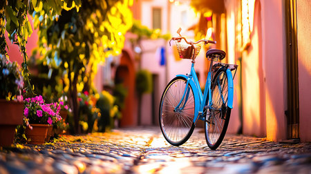 Bright blue commuter bicycle featuring a woven front basket, black seat, silver spokes, and full fenders, standing upright.の素材