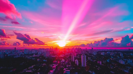 A cityscape is bathed in the warm glow of a sunset, featuring pink, orange, and blue hues. Light beams emanate from the sun.の素材