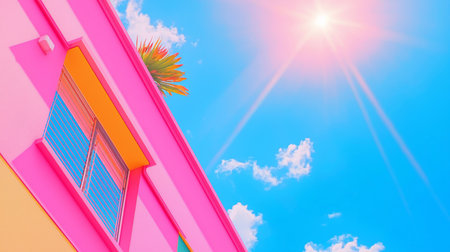 A brightly colored building facade featuring pink walls, orange window trim, and a glimpse of palm fronds against a sunny blue sky.の素材