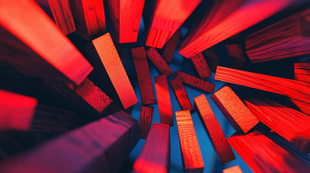 A dynamic cluster of rectangular wooden blocks painted vibrant red, showcasing detailed wood grain and texture in a chaotic arrangement.の素材