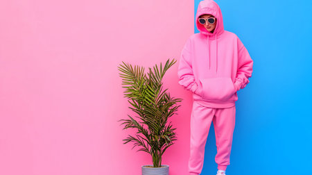 Woman in a bright pink hoodie and tracksuit, wearing pink sunglasses, standing with hands in pockets, casual style, relaxed pose.の素材