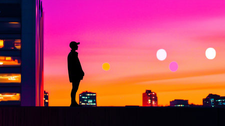 A sharp, dark silhouette of a person wearing a baseball cap and a loose jacket, standing upright in a calm profile pose.の素材