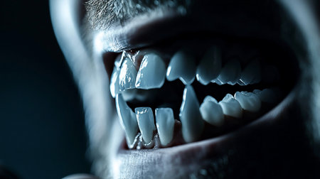 A menacing, open mouth reveals sharp, glistening white fangs and teeth, with stubble visible on the surrounding skin, lit by a cool, blue light.の素材
