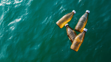 Four old, brown, ribbed plastic bottles with white screw caps float together in a tight cluster, appearing dirty and discarded from an overhead perspective.の素材