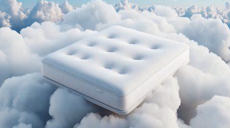 A clean white mattress with a tufted, buttoned top surface and textured fabric. It features piped edges and a handle on the side, appearing plush and comfortable.の素材
