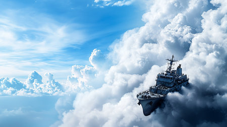 A grey military frigate with a detailed superstructure and bow emerges from a dense bank of white, fluffy cumulus clouds, creating a surreal and fantastical scene.の素材