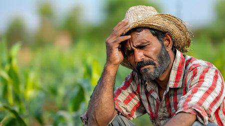A tired, middle-aged man with a salt-and-pepper beard wears a woven straw hat and a dirty plaid shirt. He holds his forehead with a pained, worried expression.の素材