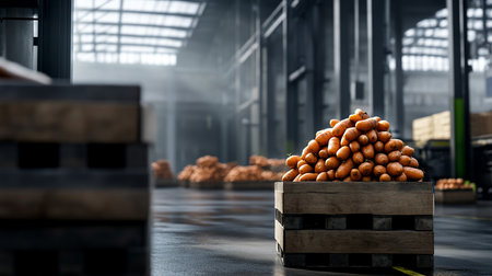 A large pile of bright orange, freshly harvested carrots with visible soil, overflowing from a weathered, rustic wooden crate.の素材