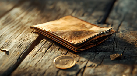 A well-used, folded leather wallet in a warm brown tone, showing its textured, creased surface and stitching, with one metallic coin.の素材