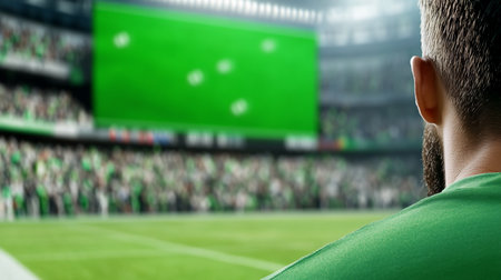 Detailed back view of a man's head and shoulder. Features dark hair, a prominent ear, and a vibrant green textured fabric shirt.の素材