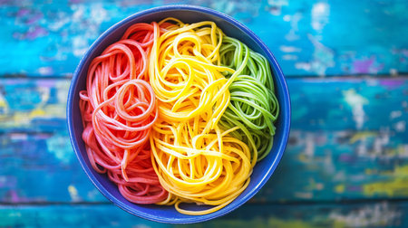 Three distinct sections of vibrant red, yellow, and green spaghetti noodles are neatly arranged within a round blue ceramic bowl.の素材