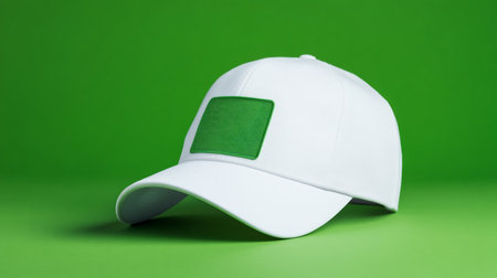 A classic white baseball cap made of textured fabric, featuring a blank, stitched green square patch on its front panel, ready for a logo or design.の素材