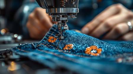 Detailed view of blue denim fabric with orange floral embroidery being sewn by a sewing machine. The needle is piercing the fabric.の素材