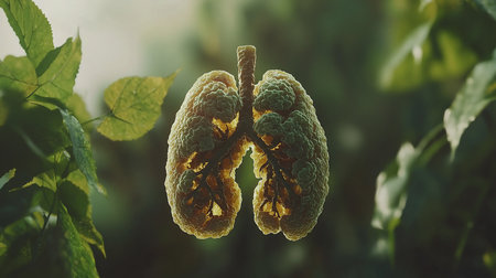 A stylized 3D model of human lungs with a unique, bumpy, porous texture in a pale yellow-green hue, showing the trachea and internal bronchial tree structure.の素材
