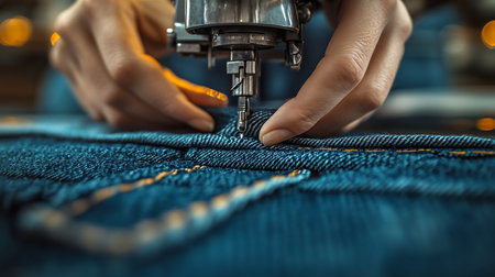 A close-up shot of a sewing machine stitching denim fabric, hands guiding the material, focused on the needle and thread.の素材