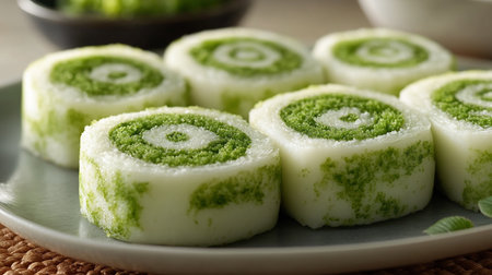 Several matcha swiss rolls, featuring a white exterior with green matcha swirls, arranged on a plate. The rolls have a spiral design.の素材