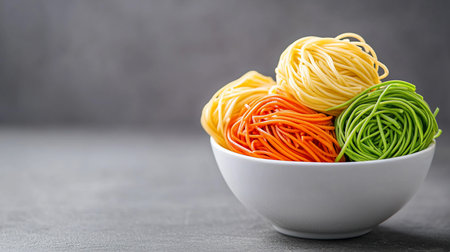 Three bundles of vibrant noodles, yellow, orange, and green, are neatly arranged in a white bowl, showcasing their distinct colors and textures.の素材