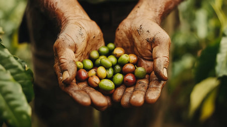 Close-up of weathered hands cupping a collection of colorful coffee cherries, showcasing the raw, natural harvest and the farmer's connection to the land.の素材