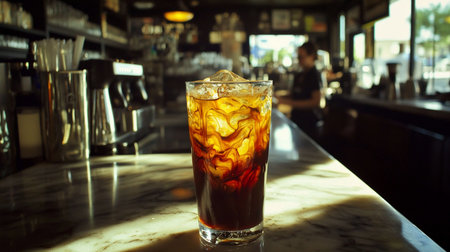 Tall glass of iced coffee with ice cubes, exhibiting a beautiful swirl of amber and dark brown colors. The drink is placed on a marble surface.の素材