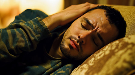 Close-up of a man sleeping on a patterned pillow, hand resting on his head, eyes closed, wearing a striped shirt, illuminated by warm, soft light.の素材