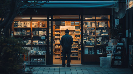 A person stands facing a bookstore, viewed from the back. They are wearing dark clothing, hands in pockets, looking at the items displayed inside.の素材