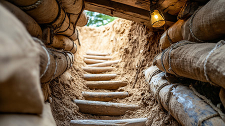 A low-angle perspective from inside a narrow, earthen military trench. The walls are reinforced with logs wrapped in burlap and rope, and wooden steps lead up to an opening.の素材