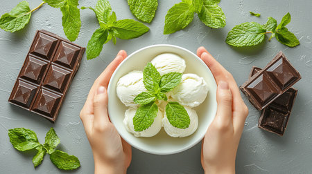 A white bowl filled with ice cream scoops, garnished with fresh mint leaves, held by hands, with chocolate bars and mint leaves around.の素材