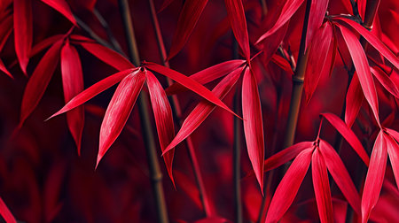 A dramatic close-up of vibrant red bamboo foliage. The slender, pointed leaves display intricate vein textures, growing in clusters from darker, out-of-focus stalks.の素材