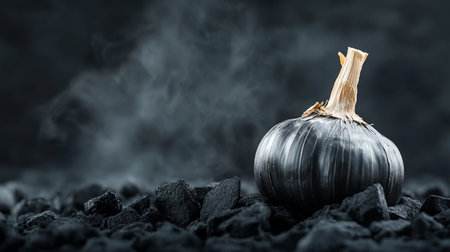 A single, round black garlic bulb with a dried, beige stem, resting on a bed of dark charcoal. The bulb has a textured surface.の素材