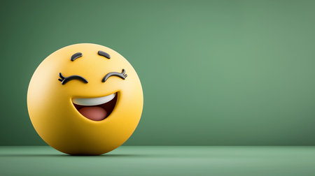 A bright yellow emoji with a wide smile, closed eyes with eyelashes, and a textured surface, conveying happiness and positivity.の素材
