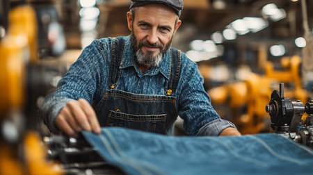 Man in denim overalls and cap, smiling while inspecting blue denim fabric in a factory, with machinery visible in the background.の素材