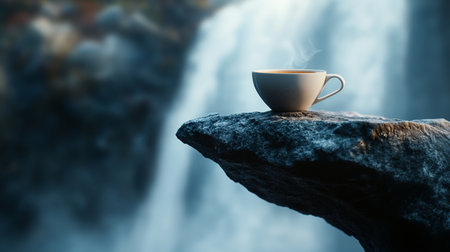 A white ceramic coffee cup, filled with a warm beverage, sits on a rugged rock edge. Steam rises gently.の素材