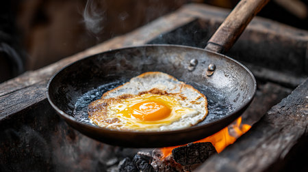 A single fried egg with a vibrant orange yolk and crispy white edges, sizzling and steaming in a dark, textured metal pan.の素材