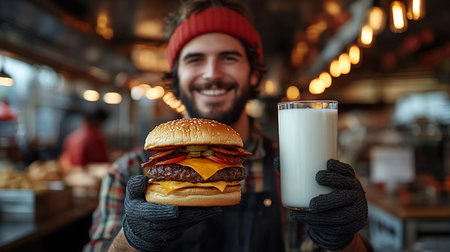 A cheerful man with a beard, wearing a red beanie and textured black gloves, holds a sesame bun burger with bacon, cheese, and pickles, alongside a tall glass of white milk.の素材