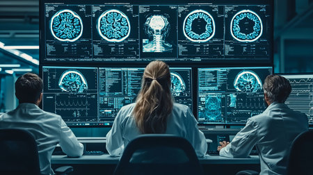 Back view of three scientists in crisp white lab coats, seated at a desk, intently focused on multiple glowing blue data screens.の素材