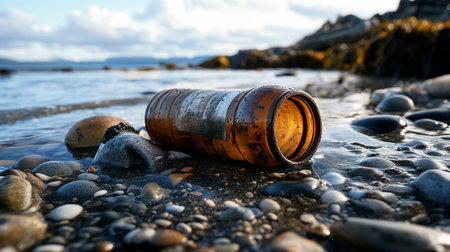A discarded, weathered amber plastic bottle with a peeling silver label lies horizontally on wet pebbles, its open mouth facing the viewer.の素材