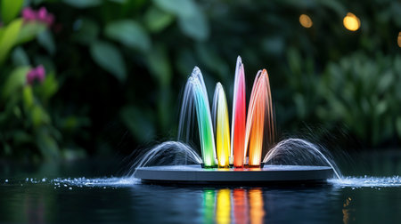 A colorful fountain with water jets illuminated in rainbow hues, spraying outwards and reflecting on the dark water surface.の素材