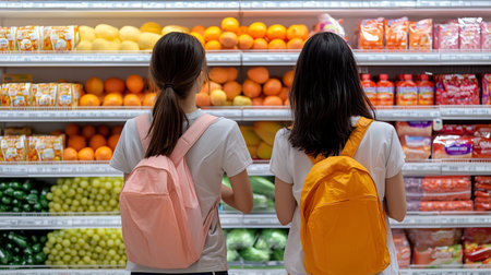 Two young women with backpacks, one pink and one orange, stand in front of a supermarket shelf filled with various food items.の素材