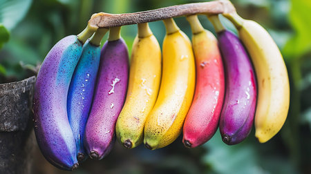 A colorful bunch of bananas, dyed in a vibrant rainbow spectrum, featuring speckled skins and glistening water droplets.の素材