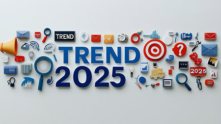"Trend 2025" in blue letters surrounded by icons: magnifying glass, target, light bulb, question mark, envelopes, and other symbols, representing future trends.の素材