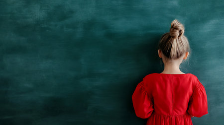 A young girl, viewed from the back, with blonde hair styled in a bun, wearing a vibrant red dress. The dress has puffy sleeves.の素材
