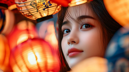 Close-up portrait of a young Asian woman with smooth skin, dark hair, and brown eyes, gazing upwards. She has full lips and a gentle expression.の素材