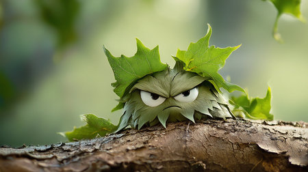 A small, grumpy creature made entirely of green leaves, featuring big angry eyes, furrowed brows, and a frowning mouth, peeking over a rough tree branch.の素材